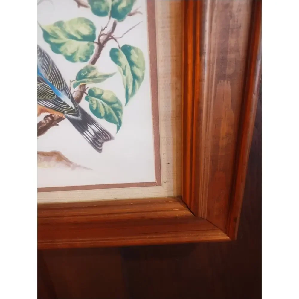 Vintage Art Framed Picture Painting Print Birds Tree Decorative Wood Frame & Mat